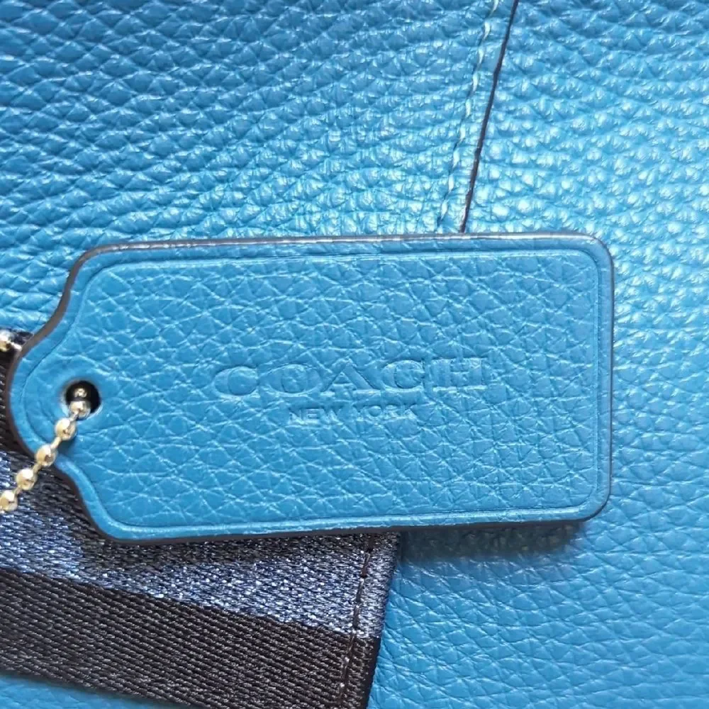 Coach Teal/Blue Pebble Leather Tote with Striped Handles